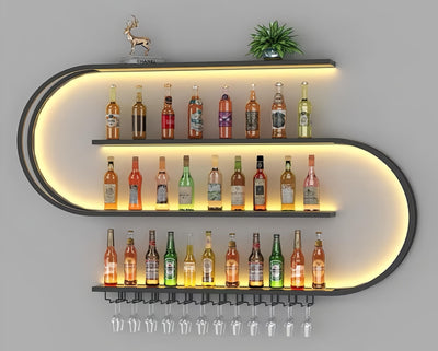 HFTUW 71 Inch Wall-Mounted Wine Rack with Led Light, 4-Tier Half Round Bar Shelves, Industrial Metal Display Storage Shelf & Wine Glass Hooks for Home Bar, Dining Room(Black-Yellow Led, 71in/180cm)