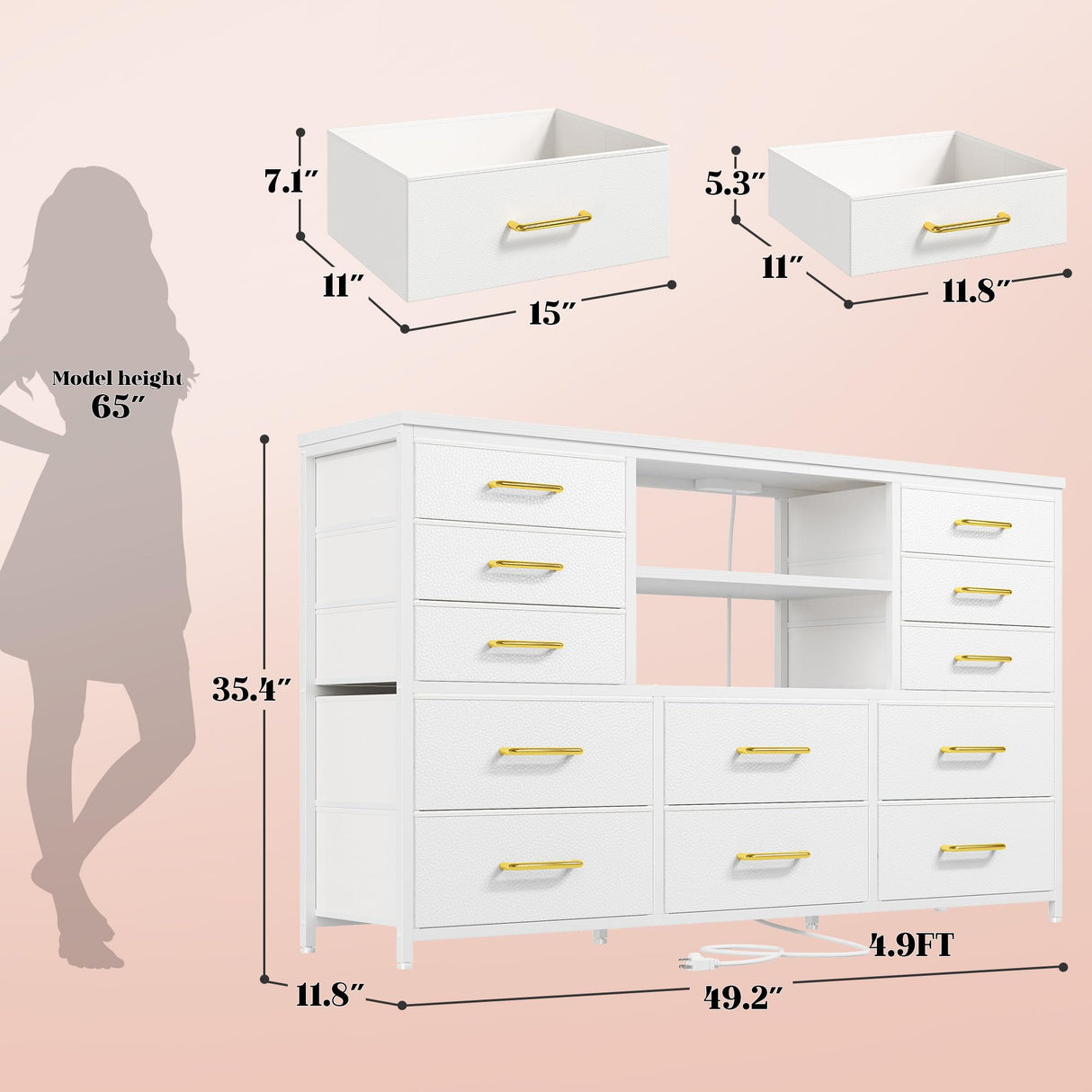 EnHomee White Dresser for Bedroom with 12 Drawers, Fabric Bedroom Dresser with LED Lights & Power Outlets Long Dressers & Chest of Drawers, Sturdy Dresser for Closet, Living Room, Hallway EnHomee