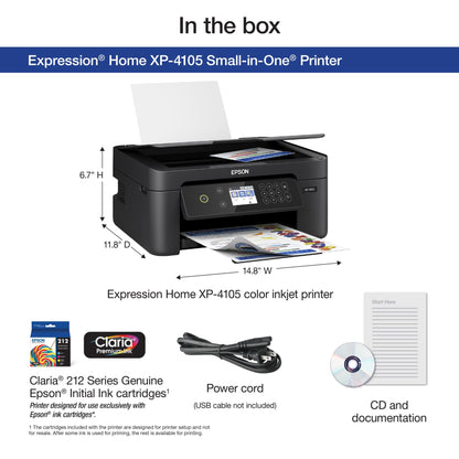 Epson Expression Home XP-4105 Wireless All-in-One Color Inkjet Printer, Black - Print Copy Scan - 10.0 ppm, 5760 x 1440 dpi, 2.4" LCD, Auto 2-Sided Printing, Voice Activated, DAODYANG Printer_Cable