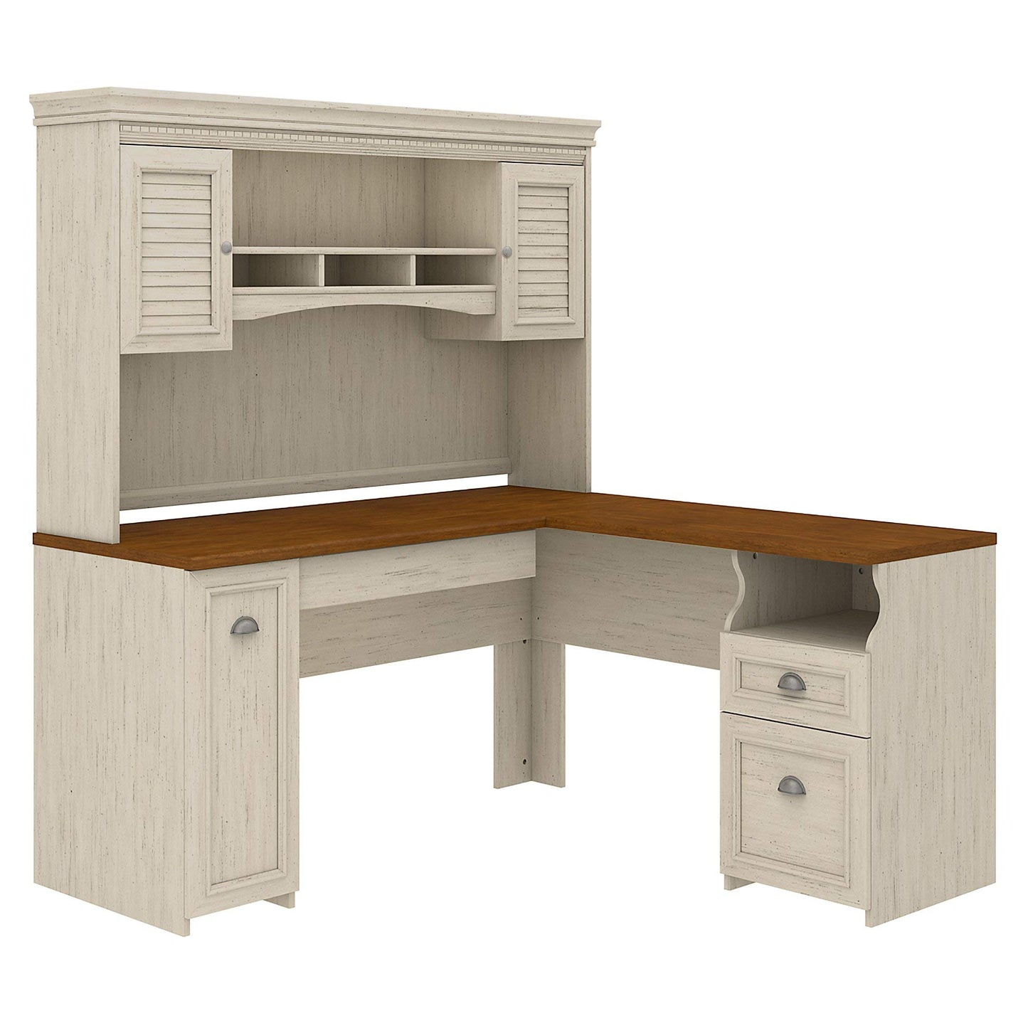 Bush Furniture Fairview L Shaped Desk with Hutch in Antique White - WoodArtSupply