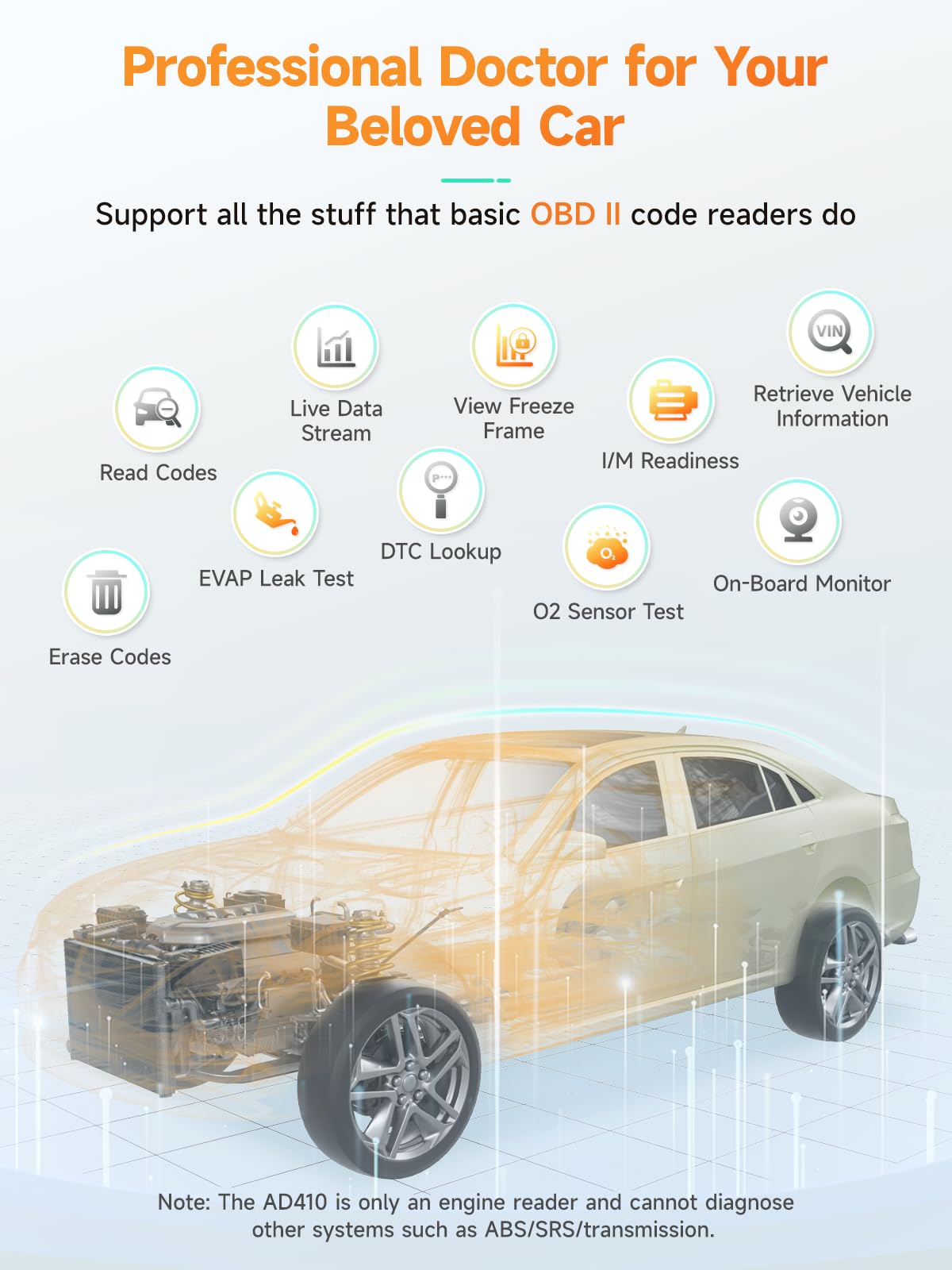 ANCEL AD410 Enhanced OBD2 Scanner, Vehicle Code Reader for Check Engine Light, Automotive OBD II Scanner Fault Diagnosis, OBDII Scan Tool for All OBDII Cars 1996+, Black/Yellow ANCEL