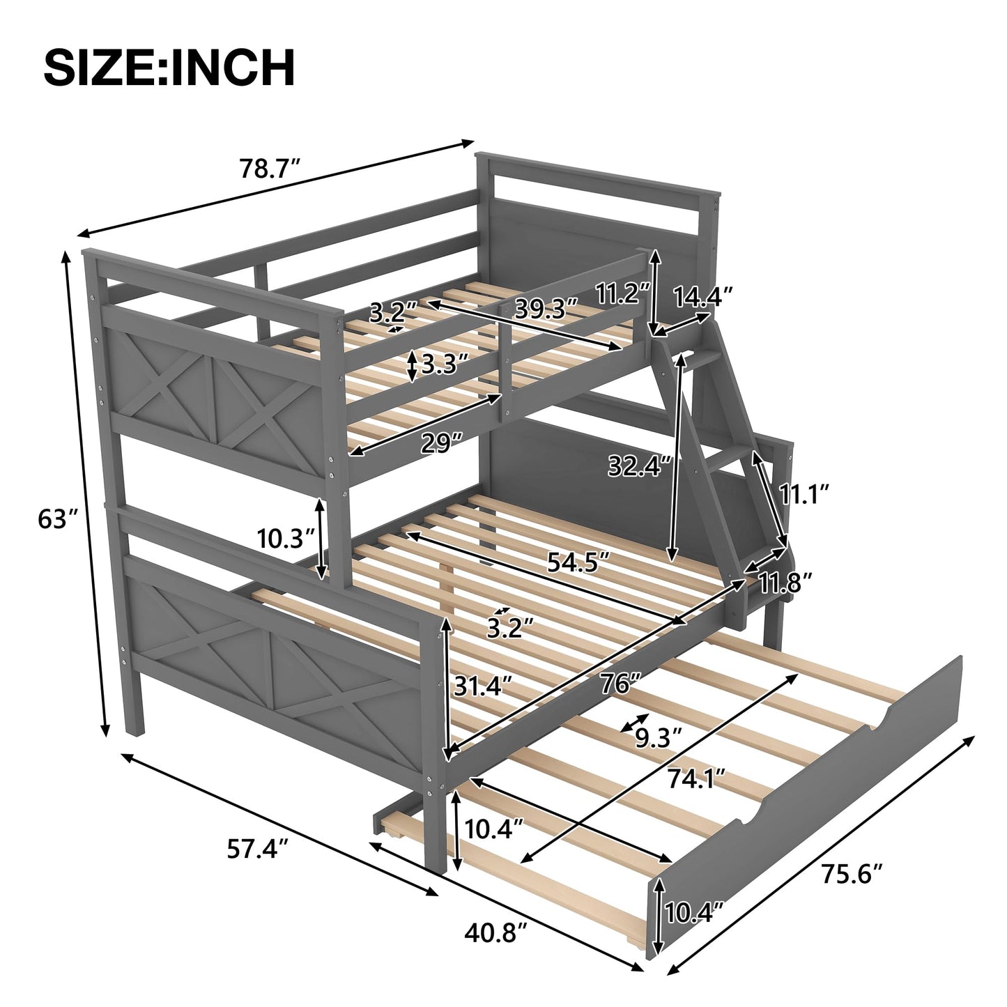 Acosure Twin Over Full Bunk Bed with Ladder and Twin Size Trundle,Bedroom Wood Bed Frame W/Safety Full-Length Guardrail,No Box Spring Required,for Kids Teens Girls Boys,Gray