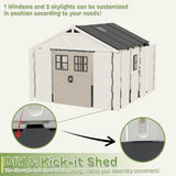 Greesum 10×8 FT Plastic Outdoor Storage Shed with Floor and Lockable Door, Resin Sheds with Windows and Skylights, Weather Resistant Organization for Garden, Lawn, Pool Supplies, Beige Greesum