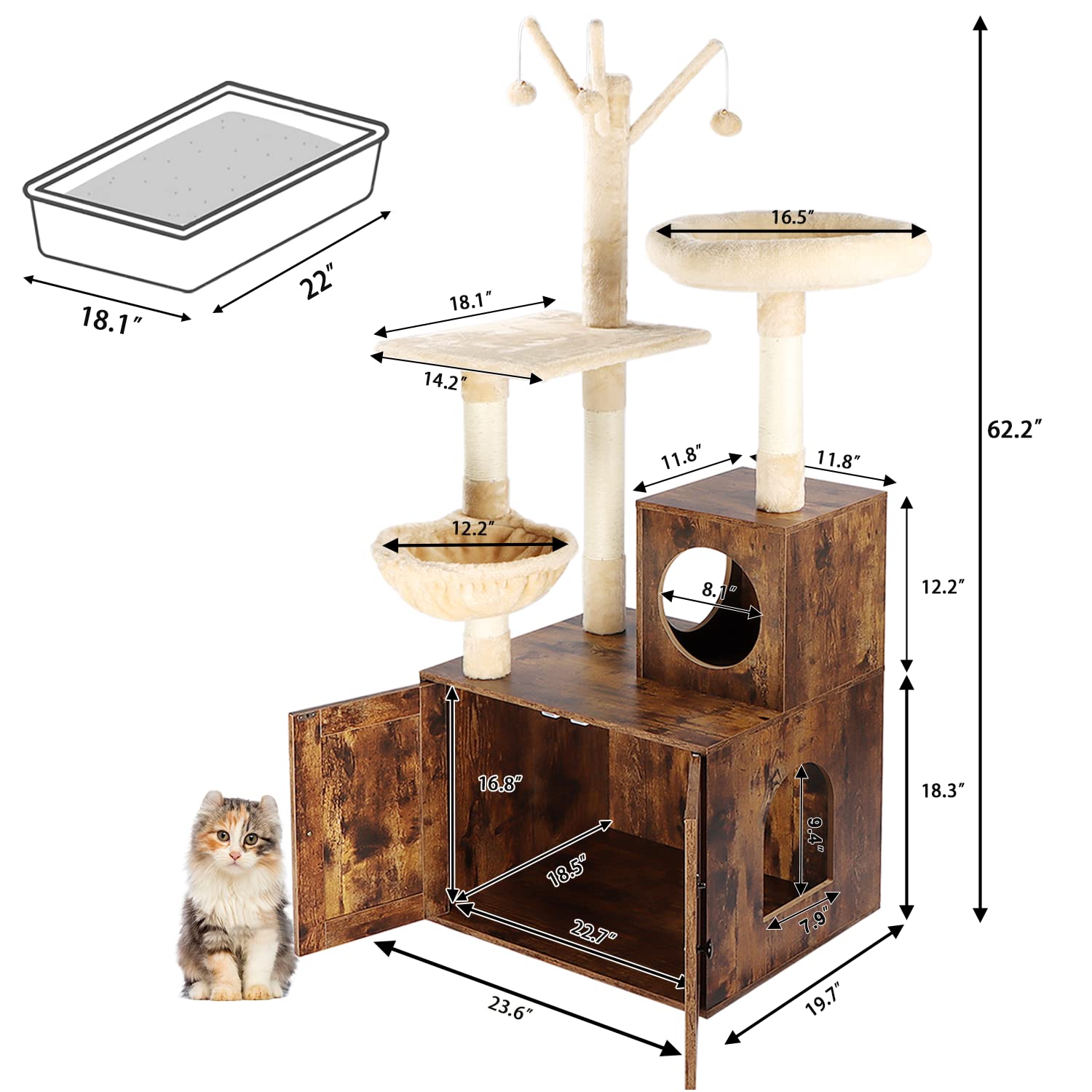 Timberer Litter Box Enclosure with Cat Tree, Wooden Cat House with Cat Tree Tower, Hidden Cat Litter Box Furniture with Scratching Post, Modern Cat Condo, Rustic Brown - WoodArtSupply