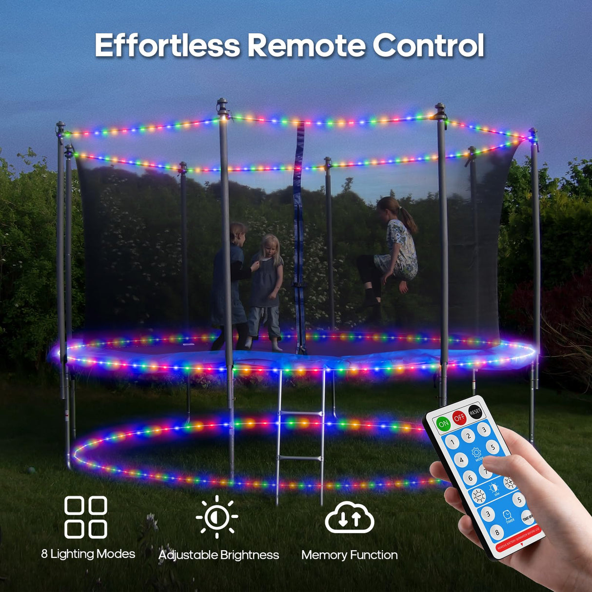 ICRGB Trampoline Lights, 66FT 200LED Solar Rope Lights Outdoor, IP67 Waterproof, 1200mah Solar Power Outdoor Light, 8 Modes & Timer Function, Decorative for Trampoline Camping Tent Patio Porch Garden ICRGB