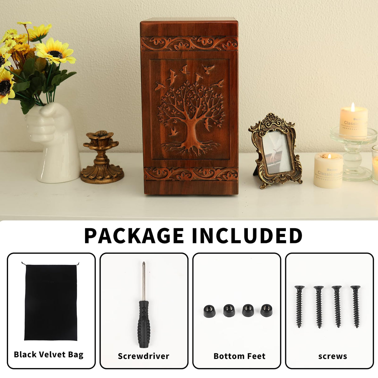 NowDoWin Urn for Ashes Adult Male Female,Cremation Urns for Men Women,Wooden Urns for Human Ashes Adult,Handcrafted Solid Wood Urn with Bag,TSA Approved Urn (Tree of Life, 300LBS Capacity) Nowdowin