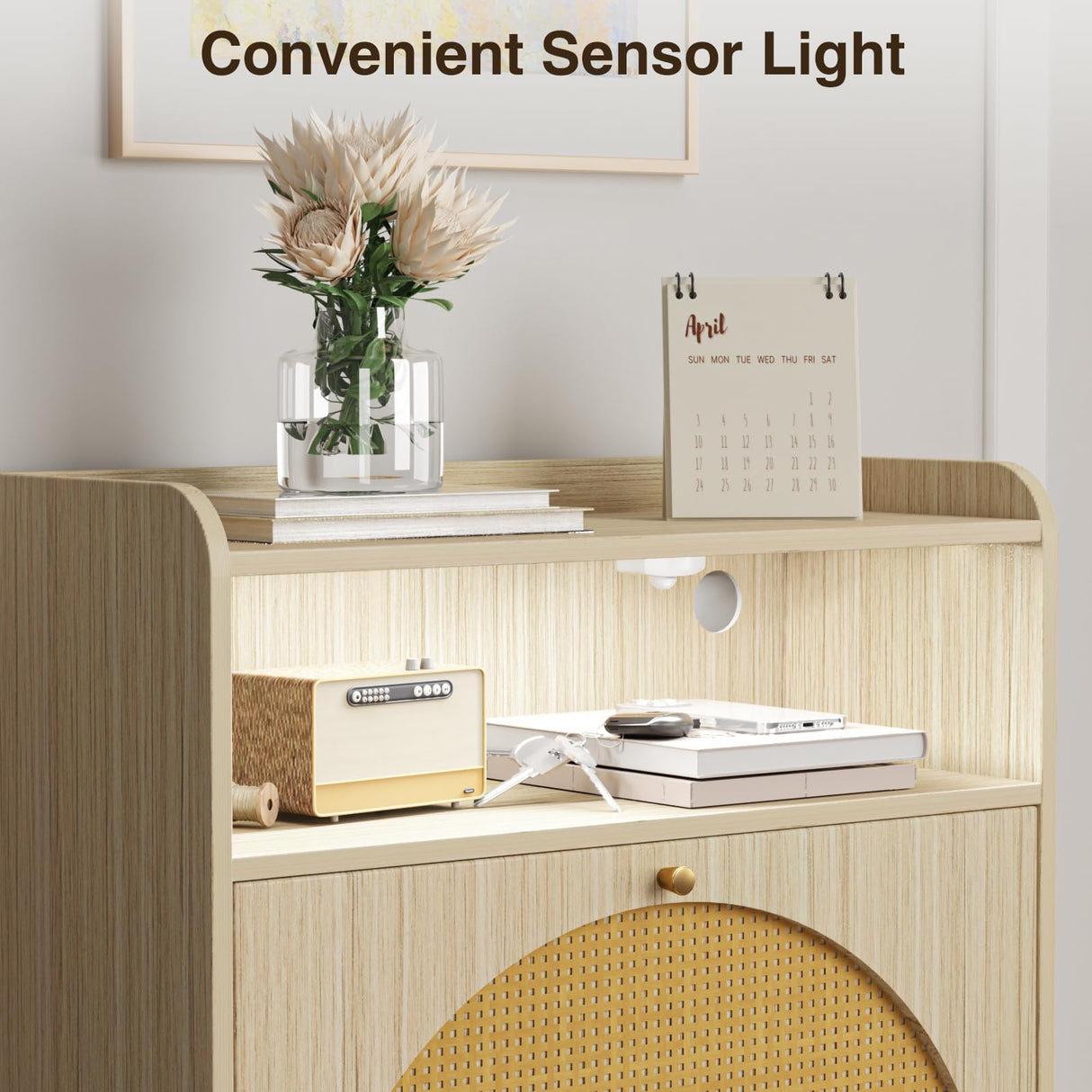 FiveWillowise Shoe Storage Cabinet, Rattan Shoe Cabinet with 2 Flip Drawers & Sensor Light for Entryway, Narrow Free Standing Shoe Racks for Entryway, Hallway, Home, Beige FiveWillowise