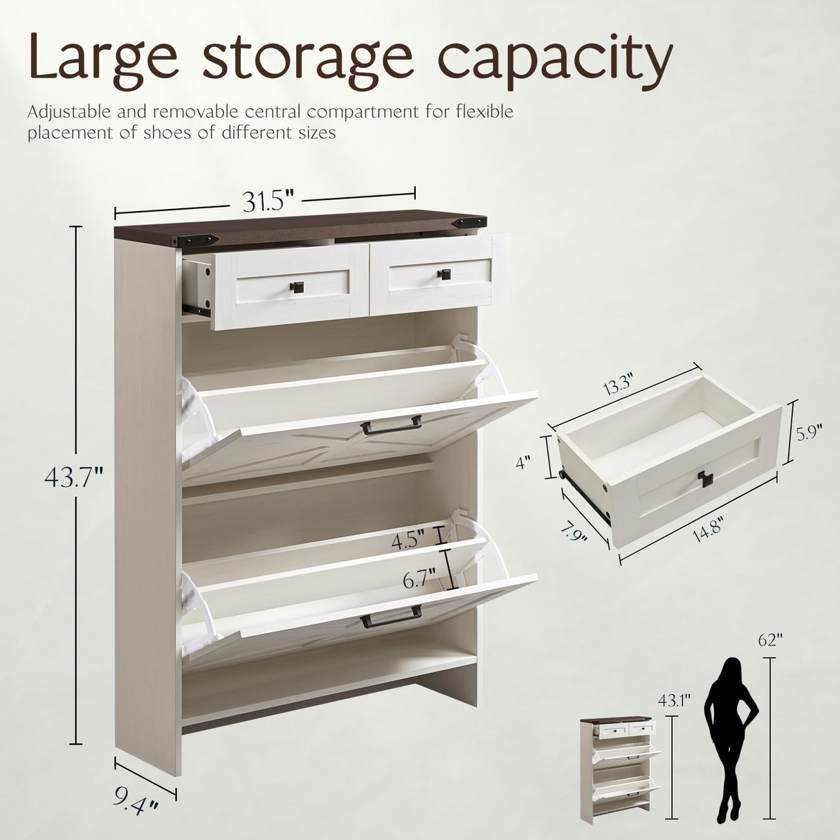Barnyatoh Shoe Cabinet Storage for Entryway, Farmhouse Hidden Shoe Organizer with 2 Flip Drawers & 2 Drawers,Narrow Shoe Rack for Front Door Entrance with Adjustable Shelves (Antique White) Barnyatoh
