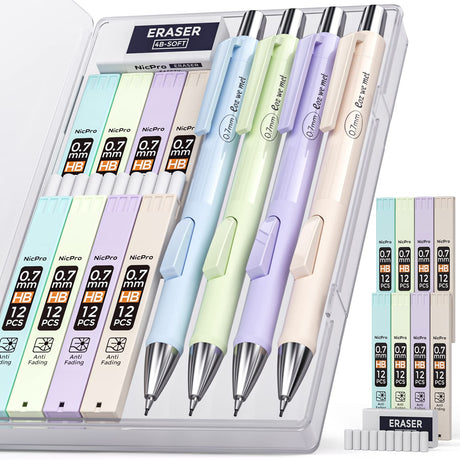 Nicpro 4 PCS Pastel Mechanical Pencil 0.7mm, Cute Fast Click Mechanical Pencils Set with 8 Tubes HB Lead Refills, Erasers, Eraser Refills for School, Student Writing, Drawing, Sketching - with Case Nicpro