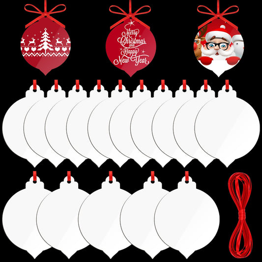 15 Sublimation Ornament Christmas DIY Blanks Round MDF Personalized Sublimation Blank Pendants Blank Hanging Bulk Ornaments Christmas Tree Decor for Craft Party Supplies Home Decoration with Red Rope