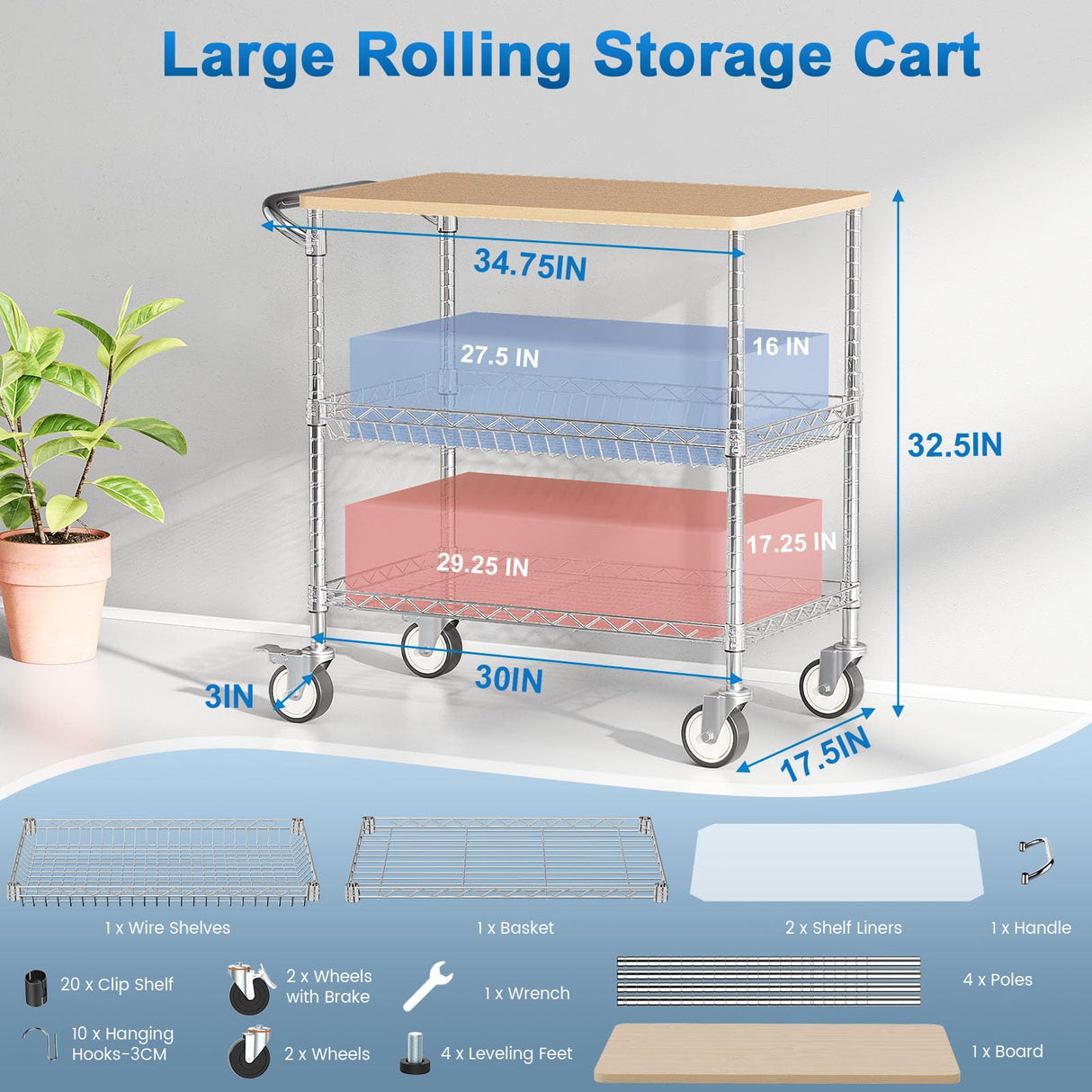 Leteuke Rolling Kitchen Carts with Wheels, 34" L x 17.5" W, 3-Tier Heavy Duty Utility Cart with Wood Tabletop, NSF Commercial Metal Serving Cart with Handle and Shelf Liner for Kitchen, Chrome Leteuke