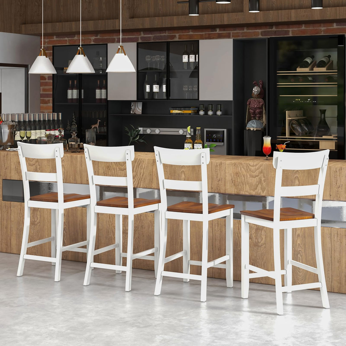 Giantex 24.5" Farmhouse Wooden Bar Stools Set of 4 with Ergonomic Backrest and Footrest Giantex