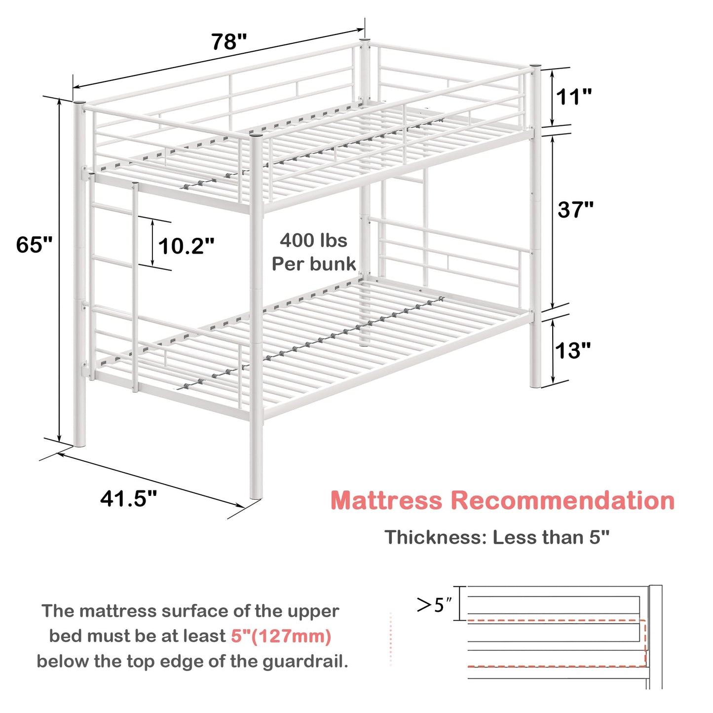 VECELO Bunk Bed Twin Over Twin, Metal Bunkbeds with Ladder and Full-Length Guardrail, No Box Spring Needed, Space Saving, Noise Free, White