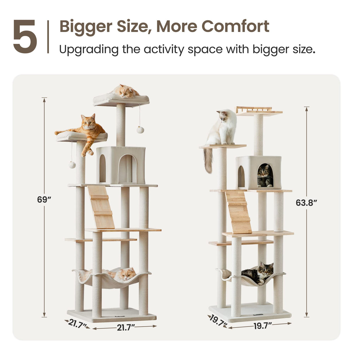 MWPO Large Modern Cat Tree, 70.1-Inch Wood Cat Tower for Indoor Cats, Multi-Level Tall Cat Condo with 2 Padded Perches, Hammock, Scratching Posts, Dangling Toys, Beige MWPO