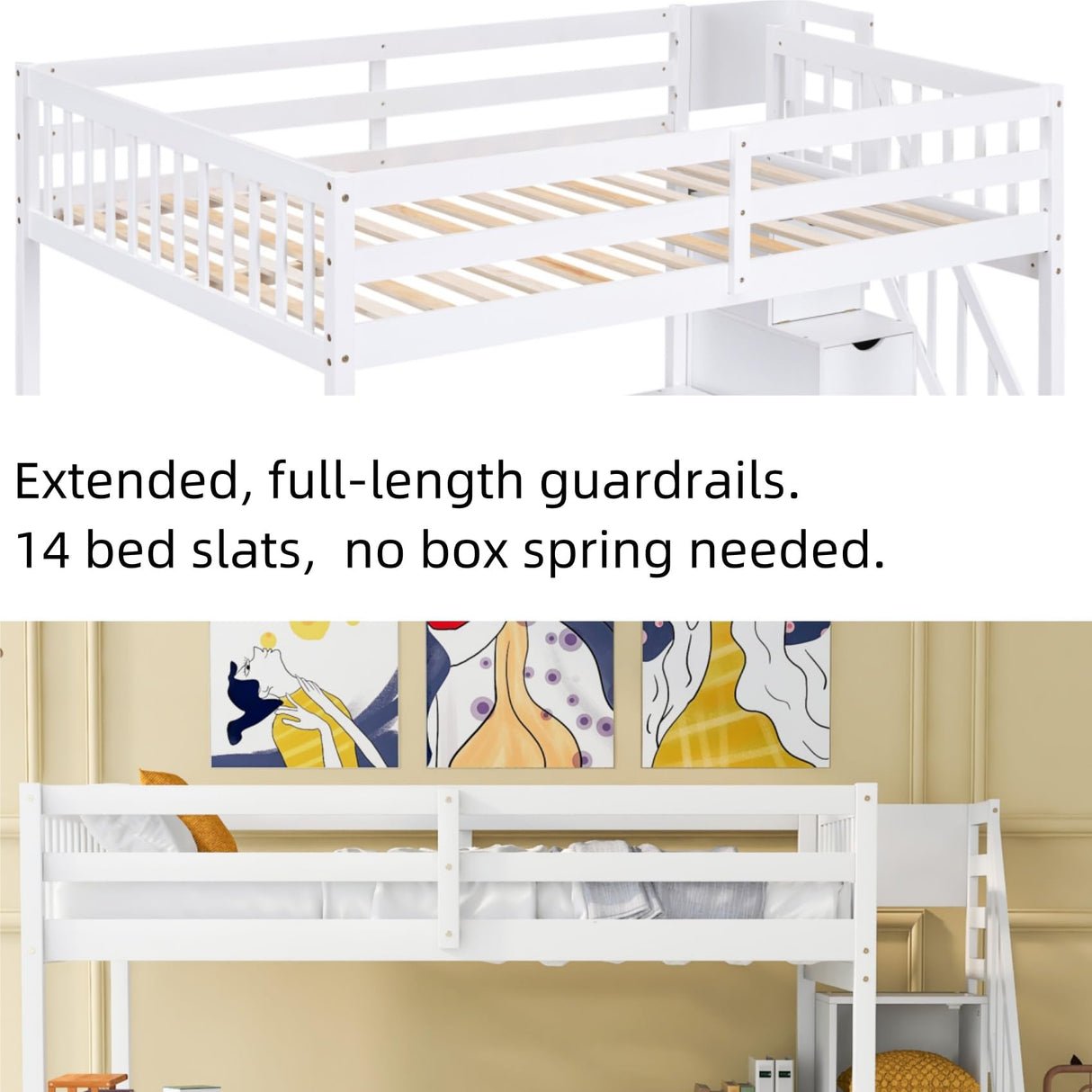 Merax White Full Size Loft Bed with L-Shaped Desk, Storage Shelves, and Attached Stairs Merax