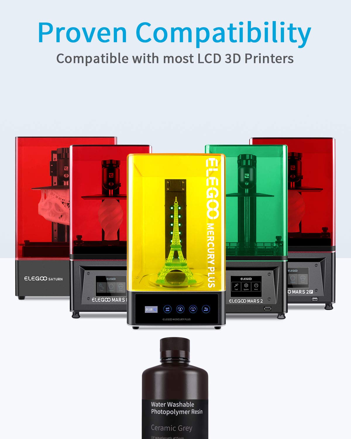 ELEGOO Water Washable 3D Printer Resin 500g Grey, Rapid Precise Printing Photopolymer Resin 405nm UV-Curing Resin for LCD/DLP/MSLA 3D Printer ELEGOO