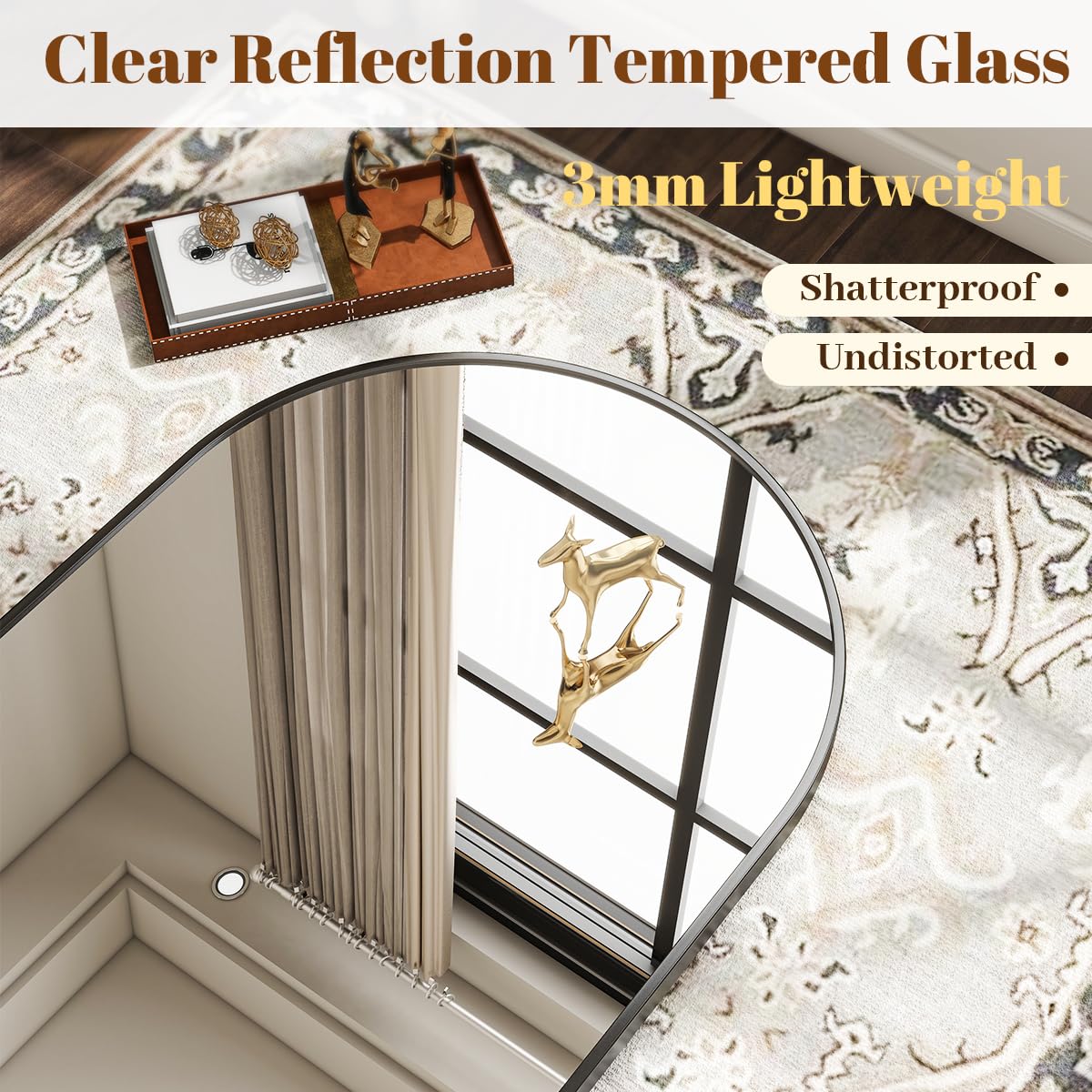 VooBang Arched Wall Mirror, 31 x 32 inch Arch Bathroom Mirror, Wall Mounted Vanity Mirror with Arch Metal Frame, Modern Bathroom Vanity Mirror for Bedroom, Living Room, Hanging or Leaning, Black VooBang