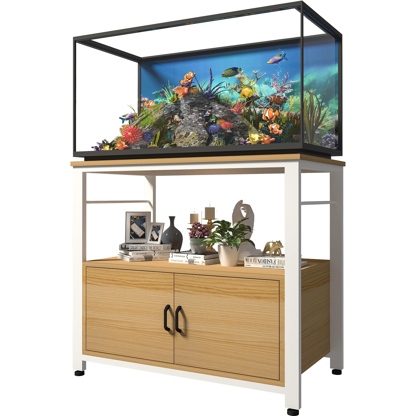 Avolander Fish Tank Stand Metal Aquarium Stand with Cabinet Accessories Storage 40-50 Gallon, Double Layer Metal with Storage Weight Capacity 760lbs, White Walnut Brown - WoodArtSupply