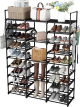 Piggy-G 9 Tiers Shoes Rack for Entryway, Shoe Organizer with Hook Rack, Shoe Storage Shelf Organizer Stackable Long Shoe Shelf for Hallway Entryway, Closet, Garage, Bedroom, Cloakroom Piggy-G