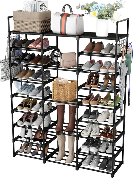 Piggy-G 9 Tiers Shoes Rack for Entryway, Shoe Organizer with Hook Rack, Shoe Storage Shelf Organizer Stackable Long Shoe Shelf for Hallway Entryway, Closet, Garage, Bedroom, Cloakroom Piggy-G
