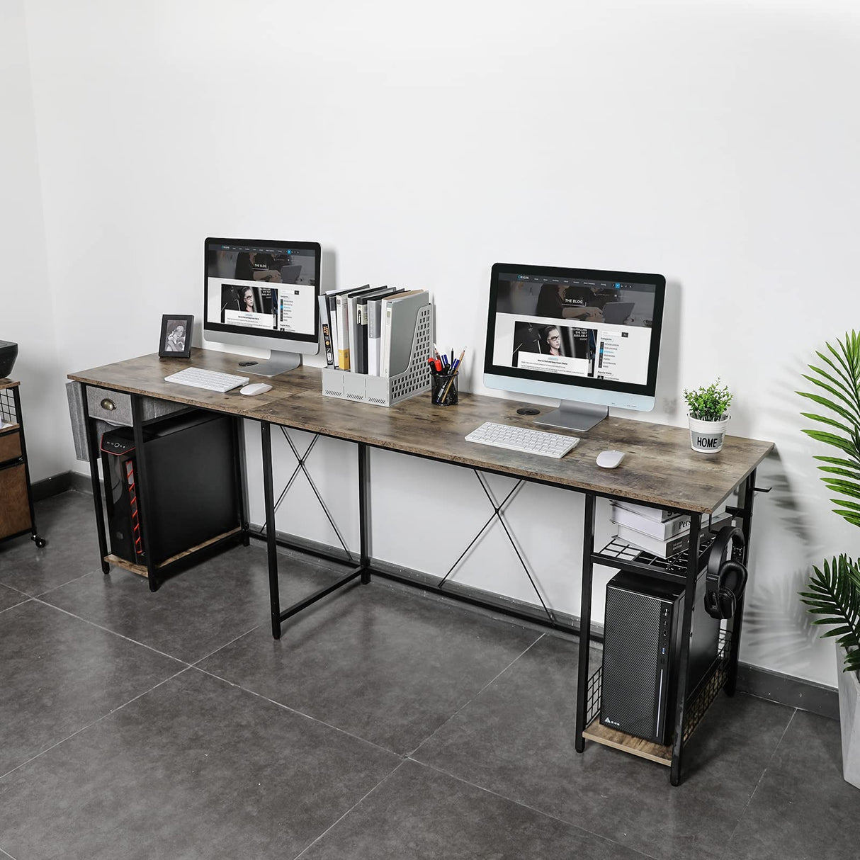 X-cosrack 2 Person Desk Large L-Shaped Computer Desk with Storage Shelves Drawer, Home Office Writing Corner Desk, Long Desk PC Laptop Workstation with Hooks Storage Bag Cable Hole X-cosrack