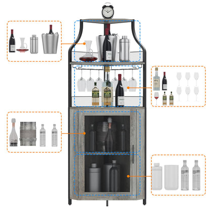 IDEALHOUSE Corner Wine Bar Cabinet with Large Storage Space and Detachable Wine Rack, Bar Cabinet with Glass Holder and Mesh Door, 4-Tier Liquor Cabinet Bar, Grey - WoodArtSupply