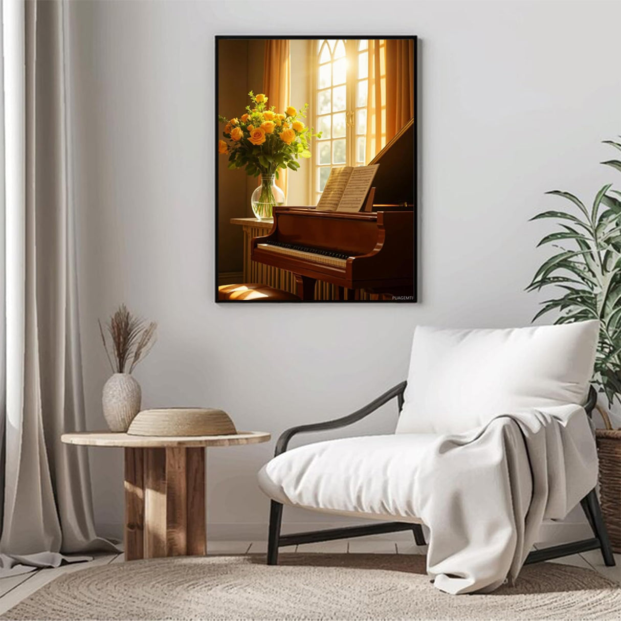 Sunlit Piano Yellow Roses Elegant Diamond Art Kits for Adults, 5D DIY Full Drill Diamond Painting Kits for Adults Beginners, Diamond Painting Kit for Wall Home Decor (No Frame) 12x16 Inch PUAGEMTI