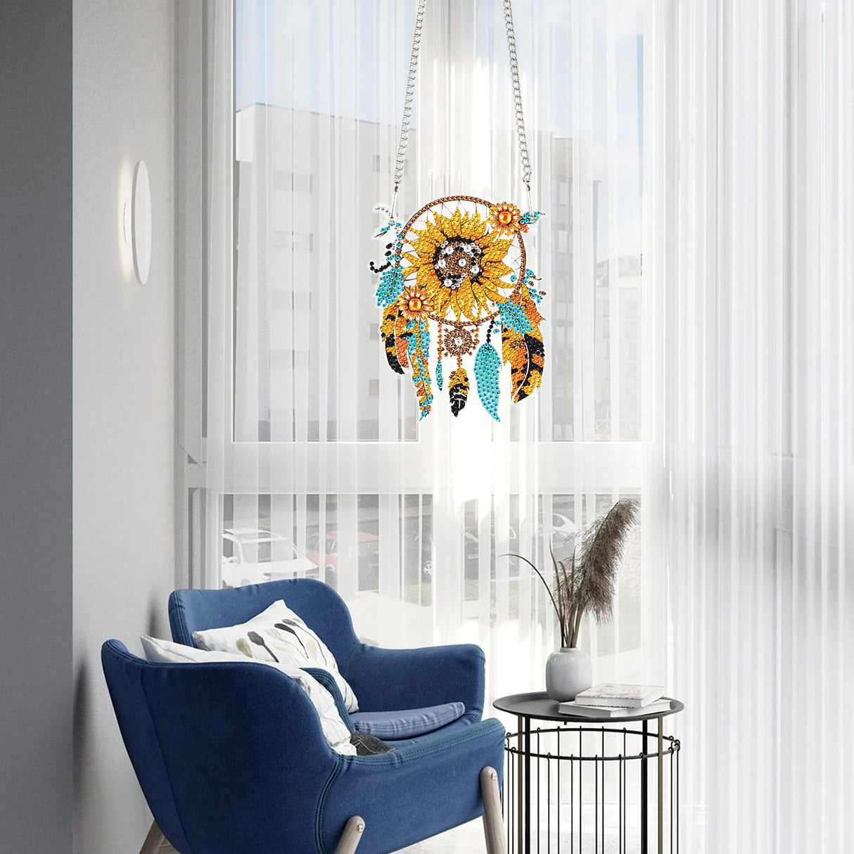 Sunflower Dream Catcher Diamond Painting Kit Ornament with Hanging Chain DIY Diamond Art Hanging Pendant Paint by Number Stained Glass Wall Art for Adults Home Wall Decor Gift AiYuanzsh