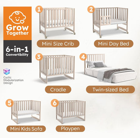 MAMAZING EvoNook 6-in-1 Convertible Mini Crib - Easy Assembly, Portable Folding Baby Mini Crib with Mattress, 100% New Zealand Pinewood, 4 Adjustable Mattress Heights, Washed Nature with Mattress MAMAZING