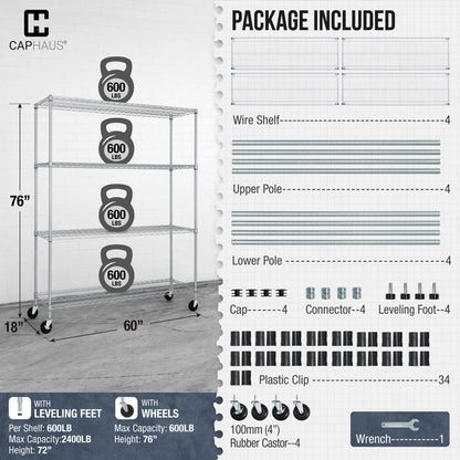 CAPHAUS Heavy Duty NSF Commercial Adjustable Shelves Wire Shelving w/Wheels & Feet, Kitchen Storage Metal Shelf, Garage Storage Shelving, Utility Wire Rack Storage Unit, Silver Grey 60 x 18, 4-Tier