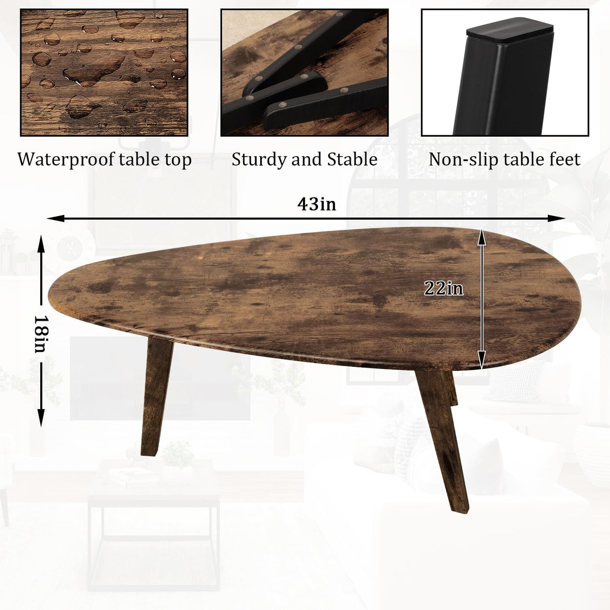 Modern Coffee Table for Living Room Small Mid Century Coffee Table Rustic Oval Coffee Tables Retro Accent Sofa Center Tables for Living Room Easy Assembly 22" D x 43" W x 18" H WDSHIYI