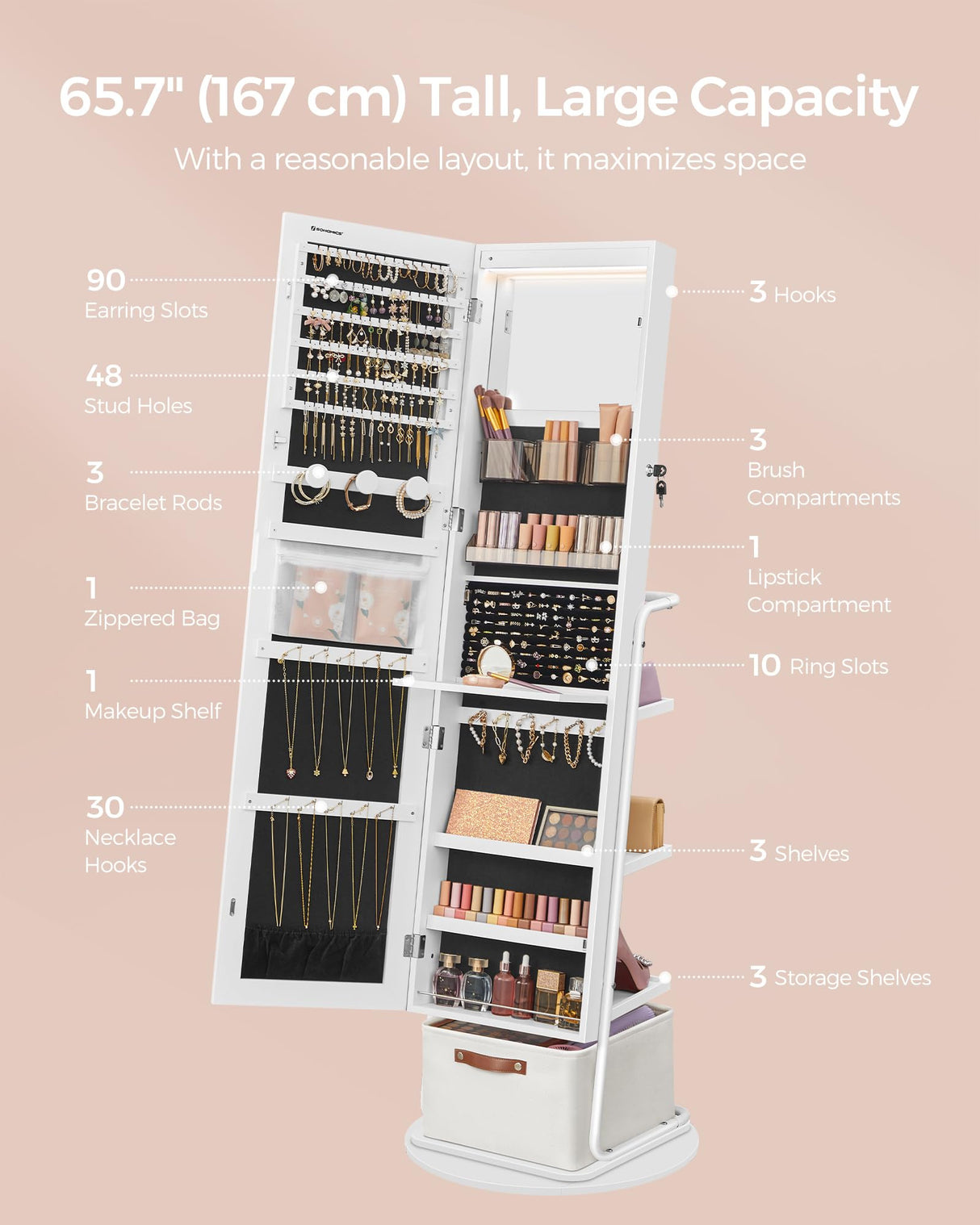 SONGMICS 360° Swivel Mirrored Jewelry Cabinet with Lights, Full-Length Mirror with Jewelry Storage, Standing Jewelry Armoire Organizer, with Large Storage Basket, Makeup Shelf, Cloud White UJJC018W01 SONGMICS