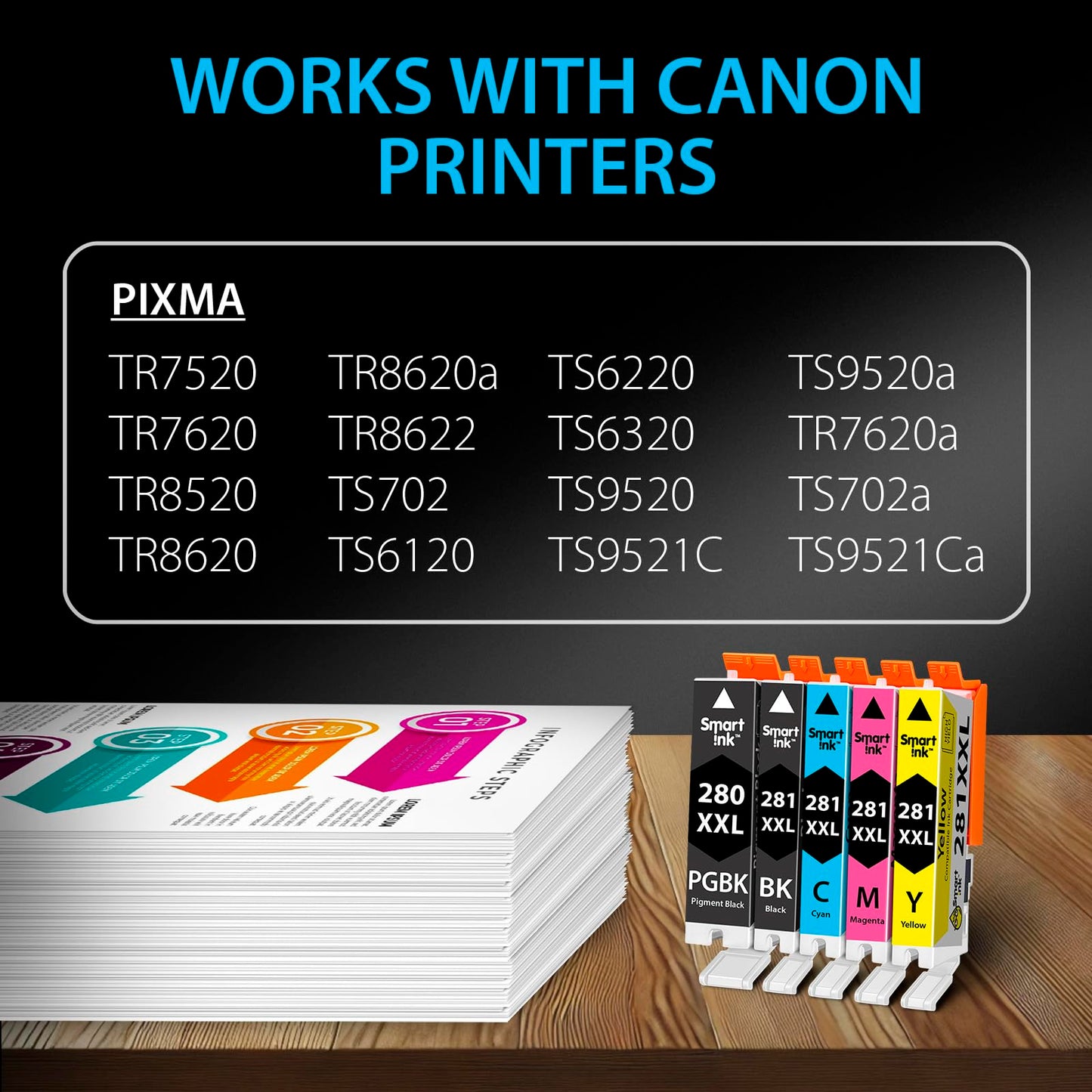 Smart Ink Compatible Ink Cartridges Replacement for Canon 281 280 PGI-280XXL CLI-281XXL (5 Combo Pack) to use with Canon Printers Pixma TR8520 TS9120 TS6120 TR8620 TR8620a TS6320 TR7520 PGBK/BK/C/M/Y