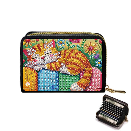 JZHYOAN Cat Diamond Art Zipper Business Small Wallet, 4.33x3.14x0.98 Inch Diamond Art Credit Card Holder, DIY Anti-demagnetization Card Holder Wallet for Woman Adult Man Family JZHYOAN