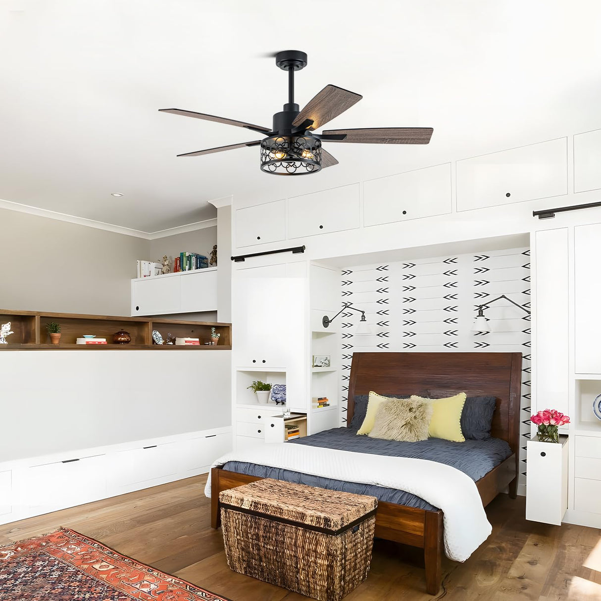 Curve Curio 52 Inch Farmhouse Ceiling Fan with Light Industrial Ceiling Fan Rustic Caged Chandelier Fan for Living Room Bedroom Patio (Black, 52 inch) Curve Curio