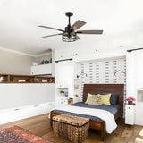 Curve Curio 52 Inch Farmhouse Ceiling Fan with Light Industrial Ceiling Fan Rustic Caged Chandelier Fan for Living Room Bedroom Patio (Black, 52 inch) Curve Curio