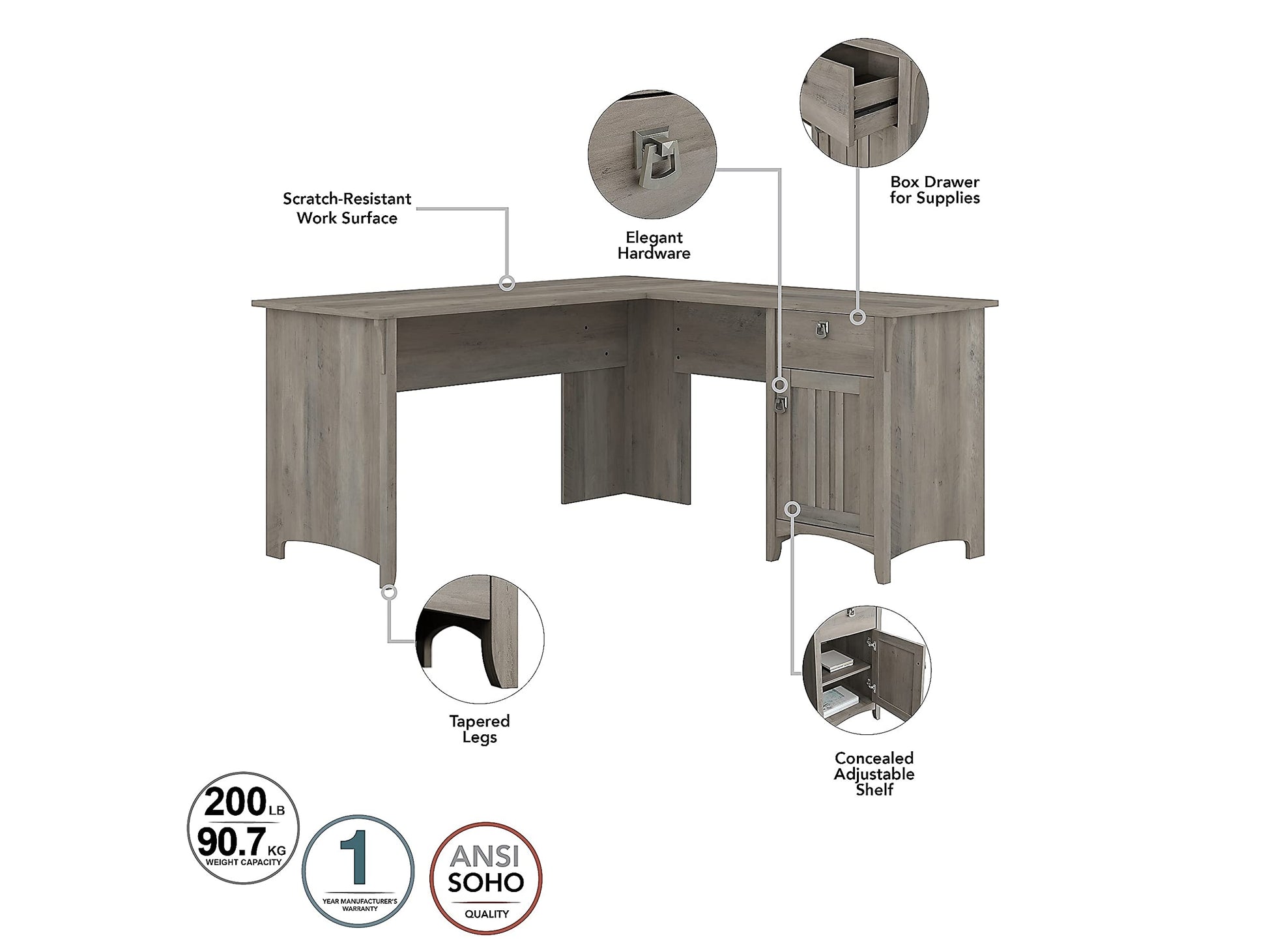 Bush Business Furniture Salinas 60W L-Shaped Desk Set with Hutch, File Cabinet & Bookcase in Driftwood Gray - WoodArtSupply