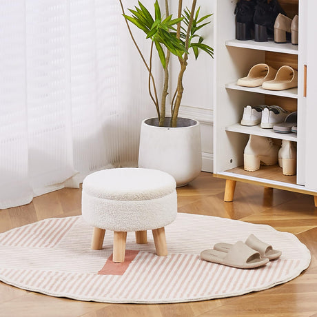 Wimarsbon Storage Ottoman, Modern Round Footrest with Soft Padded Seat, Teddy Velvet Footstool with Wood Legs, Accent Small Table or Plant Stand for Hallway, Living Room (Cream) Wimarsbon