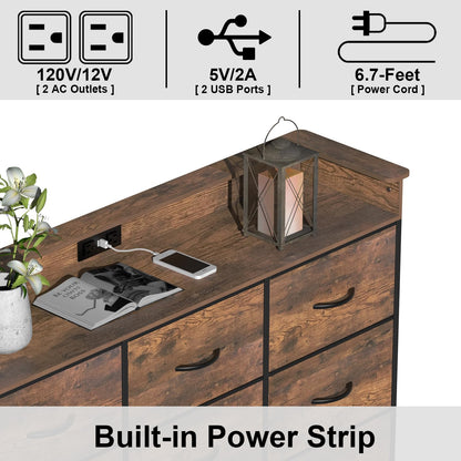 EXOTICA Industrial Dresser for Bedroom with Charging Station and LED Light Fabric Storage Dresser with 9 Fabric Drawers Chest of Drawers for Closet Hallway Sturdy Steel Frame Wooden Top