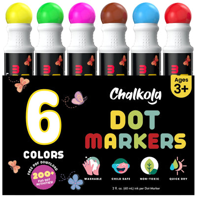Chalkola 6 Washable Dot Markers for Toddlers 1-3 | Non Toxic Bingo Daubers for Toddlers 2-4 | Preschool, Kindergarten Paint Stamp Markers Set - Dot Art and Crafts Supplies for Kids