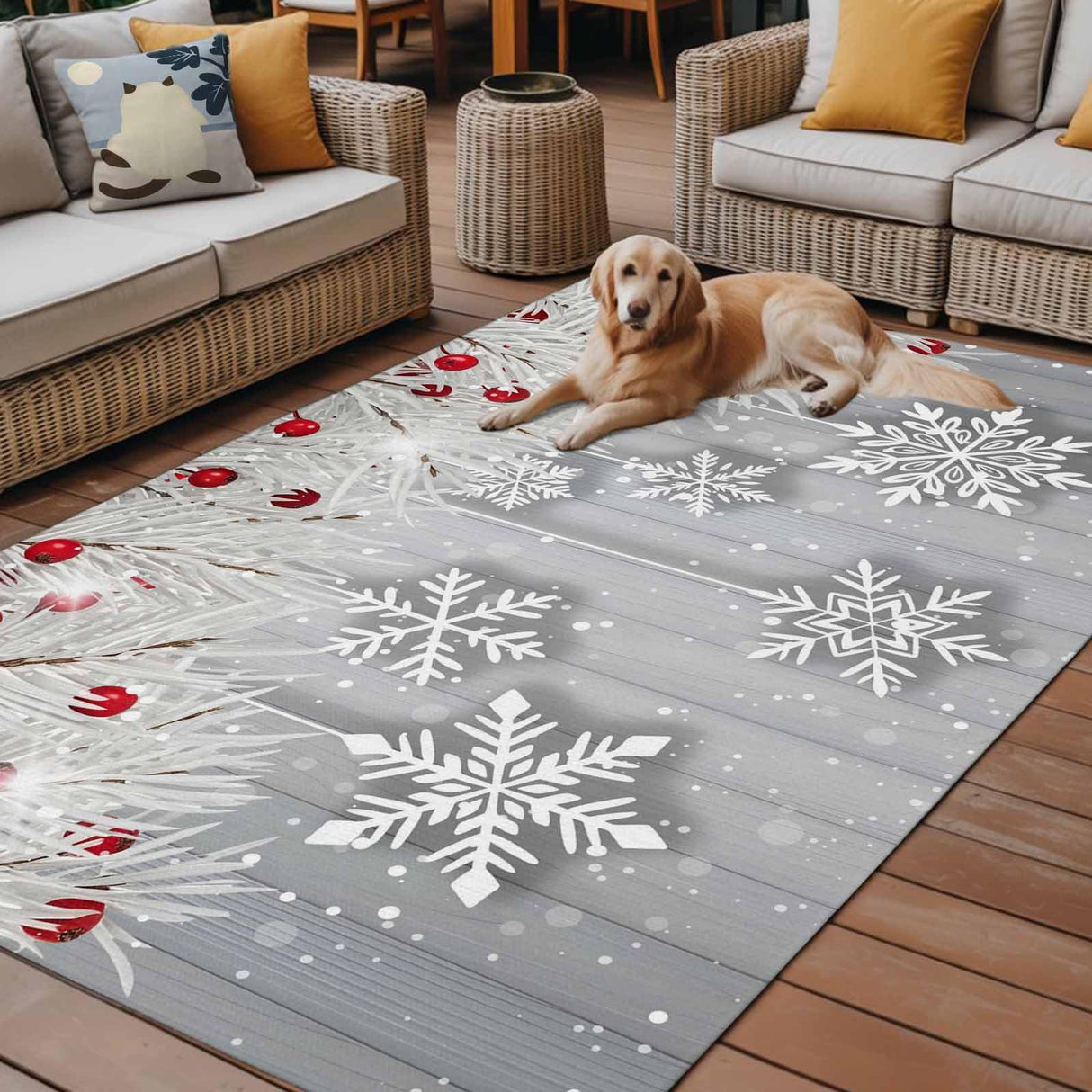 Winter Snowflake Outdoor Rug 5x8ft Christmas White Pine Branch Gray Wood Grain Waterproof Patio Rugs Lightweight Foldable Outside Large Area Rug Carpet for Porch Deck Balcony Backyard Camper Lkicikik