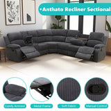 Anthato Manual Reclining Sectional Sofa Set, Living Room Furniture Sets, L-Shaped Sectional Couch & Chair, Comfy 7-Seat Corduroy Fabric Recliner Couch with Coffee Table/Cup Holders for Office, Grey Anthato