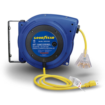 Goodyear Extension Cord Reels (12AWG x 40 FT (SJTOW Cable) w/LED Light-Up Tap) - WoodArtSupply