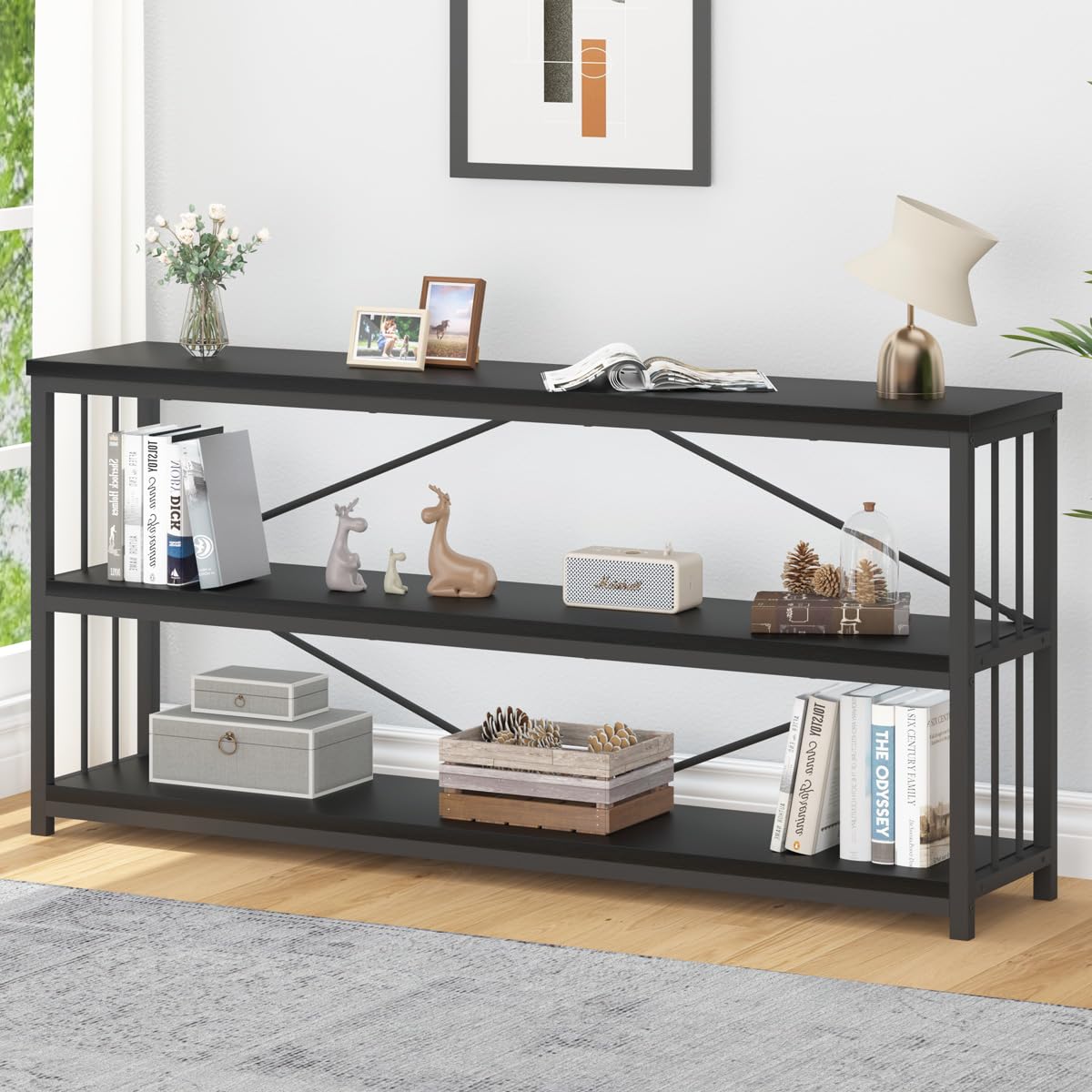IBF 63" Black Oak Modern 3-Tier Low Horizontal Bookshelf - Stylish and Sturdy Etagere for Home and Office IBF