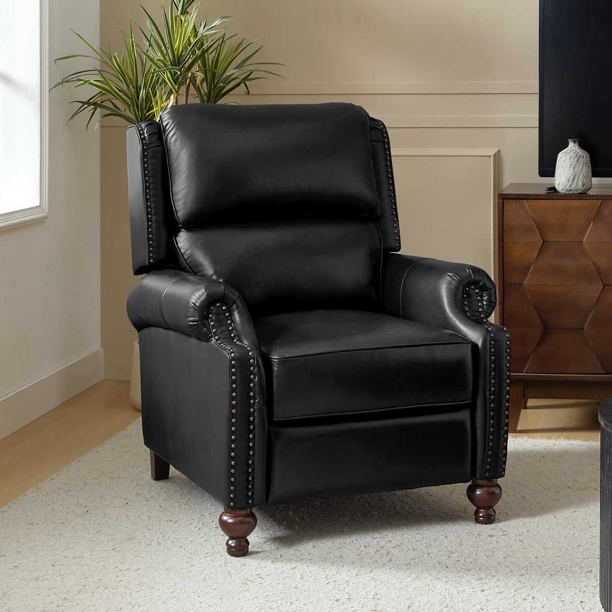 HULALA HOME Genuine Leather Recliner Chair, Classic and Traditional Push Back Recliner Chair for Living Room, Adjustable Leather Cigar Reclining Vintage with Nail Head Trim,Black HULALA HOME