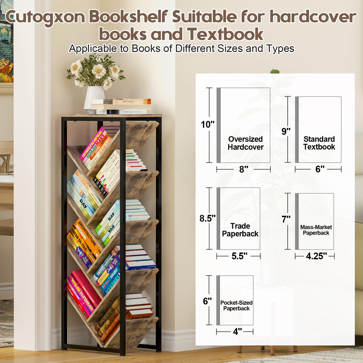 Cutogxon Tree Bookshelf - 9 Tier Floor Standing Tree Bookshelf for Hardcover Books, Small Bookshelf for Small Spaces Bookshelves Wooden Book Storage Organizer Shelves for Bedroom Living Room Cutogxon
