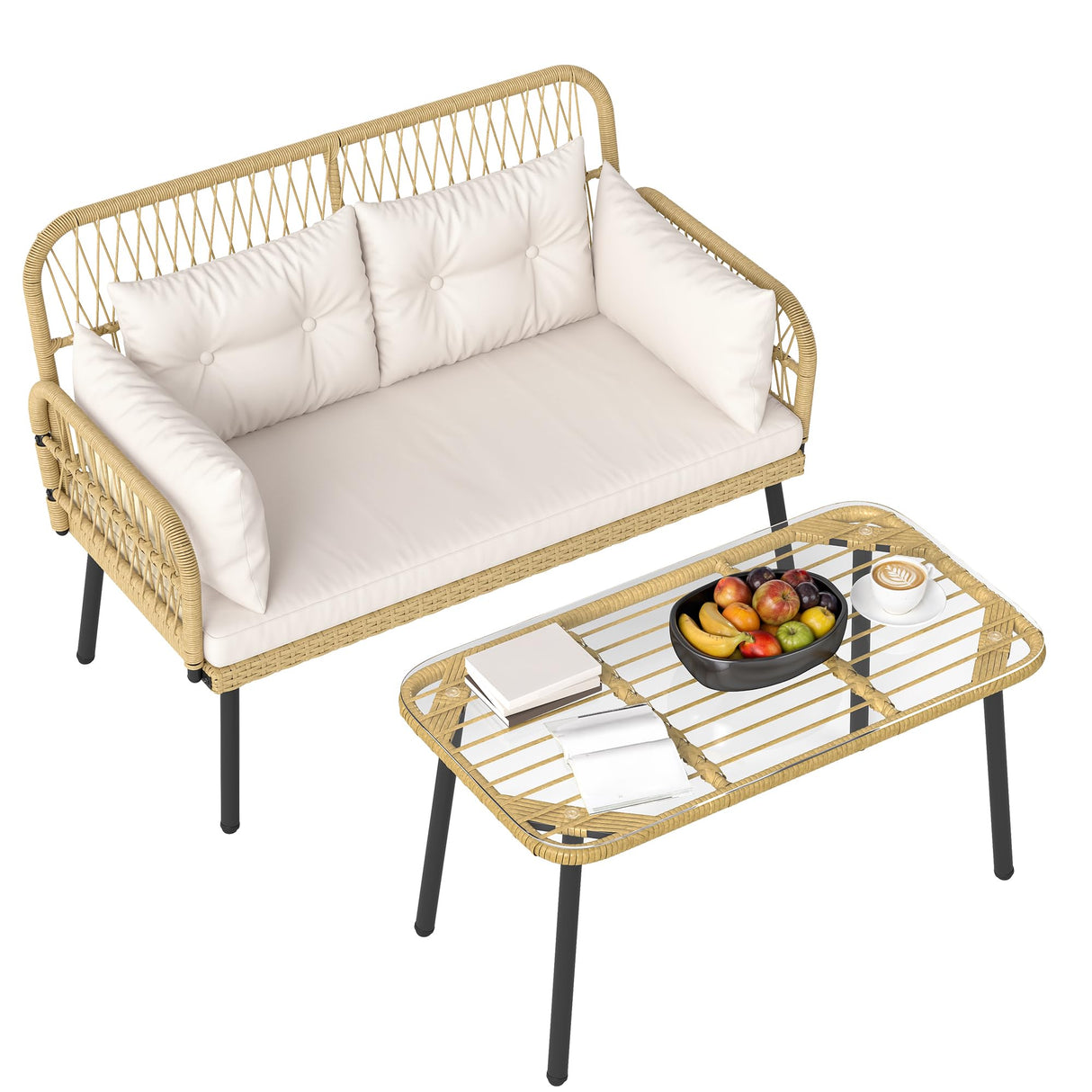 DWVO 2-Seater Outdoor Loveseat Set, All-Weather Wicker Rattan Patio Furniture with Cushions & Tempered Glass Side Table for Backyard, Balcony, Deck, Light Brown + Beige DWVO