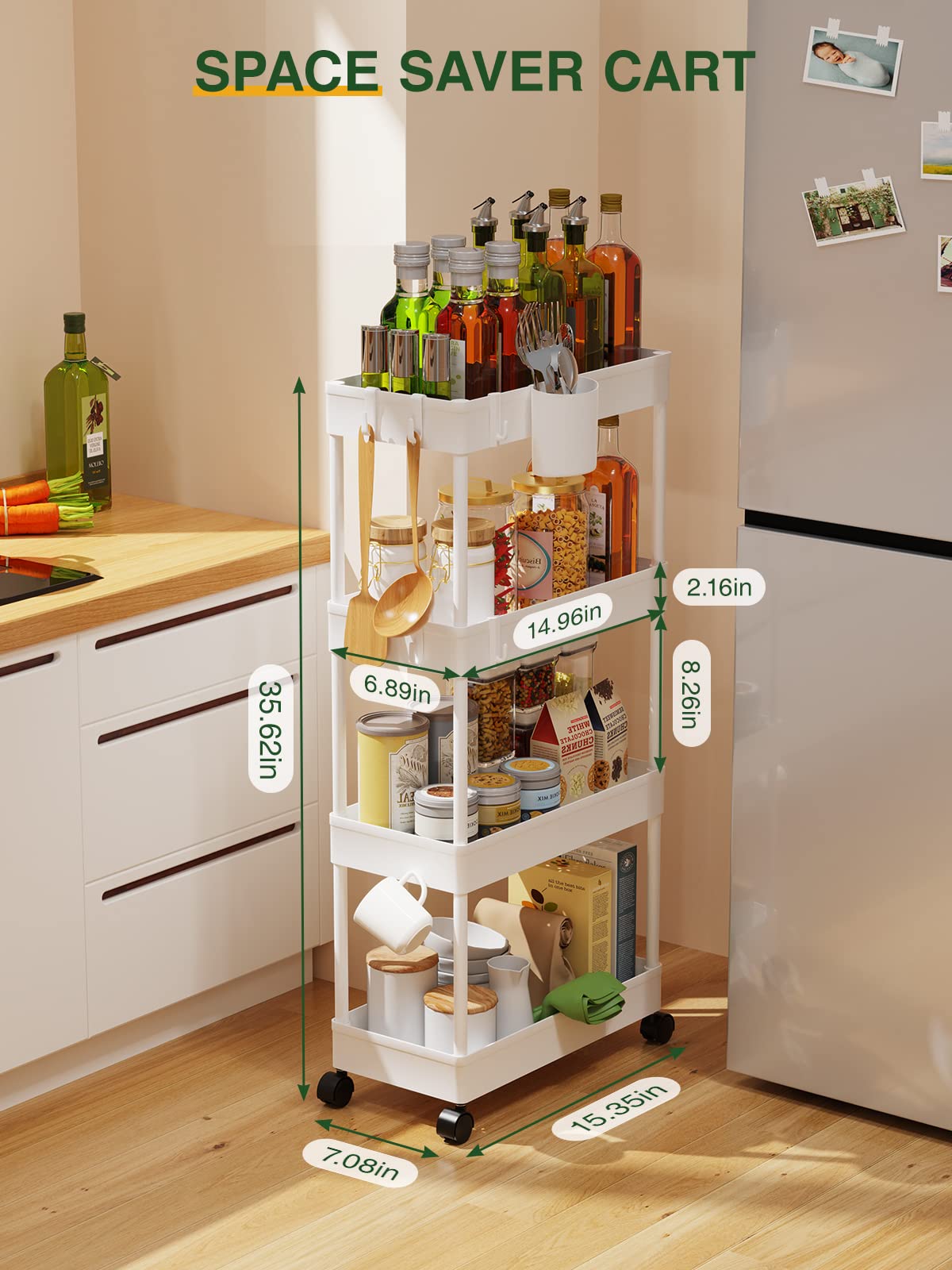 LEHOM Slim Rolling Storage Cart - 4 Tiers Bathroom Organizer Utility Cart Slide Out Storage Shelves Mobile Shelving Unit for Kitchen, Bedroom, Office, Laundry Room, Small Narrow Spaces (Pear White) LEHOM