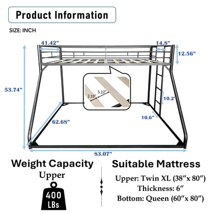 UOCFYK Full XL Over Queen Bunk Bed for Teens and Adults, Heavy-Duty Metal Bunk Bed Frame with Full Length Guardrail and Ladder, Noise Reduced & No Box Spring Needed, Black