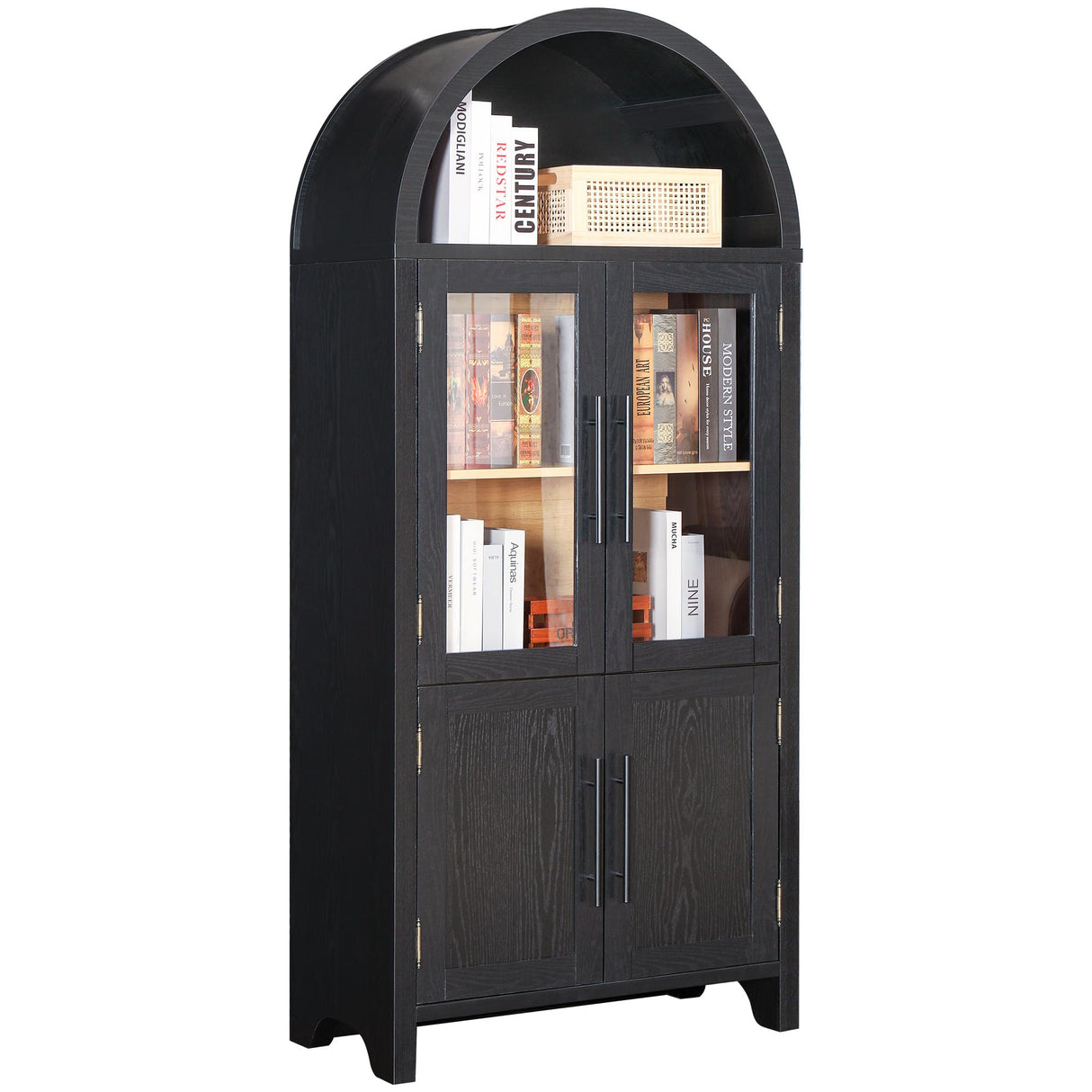71" Farmhouse Tall Arched Pantry Storage Cabinet, Display Cabinet with Glass Doors,China Cabinet,Curio Cabinet, Bookshelf&Bookcase with Doors, Kitchen、 Dining Room、 Living Room Furniture, Black FUSUNBAO